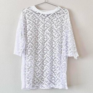 White sheer mesh geometric cutout print tee